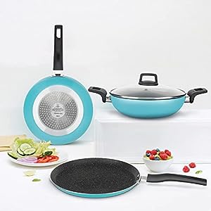 Borosil Festive Glory 4-Piece Gift Set (Dosa Tawa + Deep Kadhai + Fry Pan + Glass Lid) 5-Layer Nonstick Coating With Induction Base, Kitchen Cookware Combo (Blue)