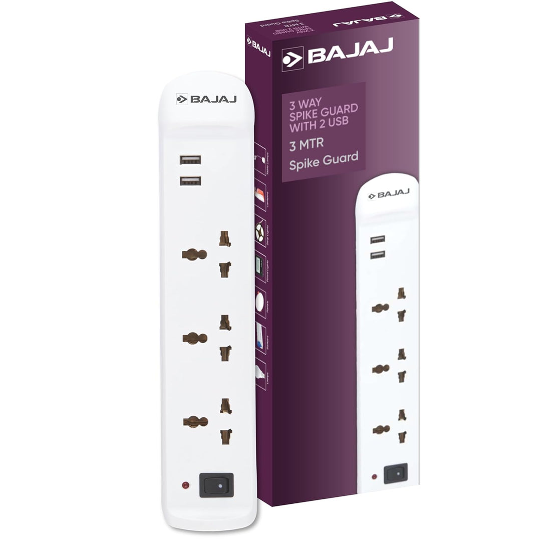 Bajaj 6A 3 Sockets Spike & Surge Guard 2 USB 6A 3 Sockets Spike